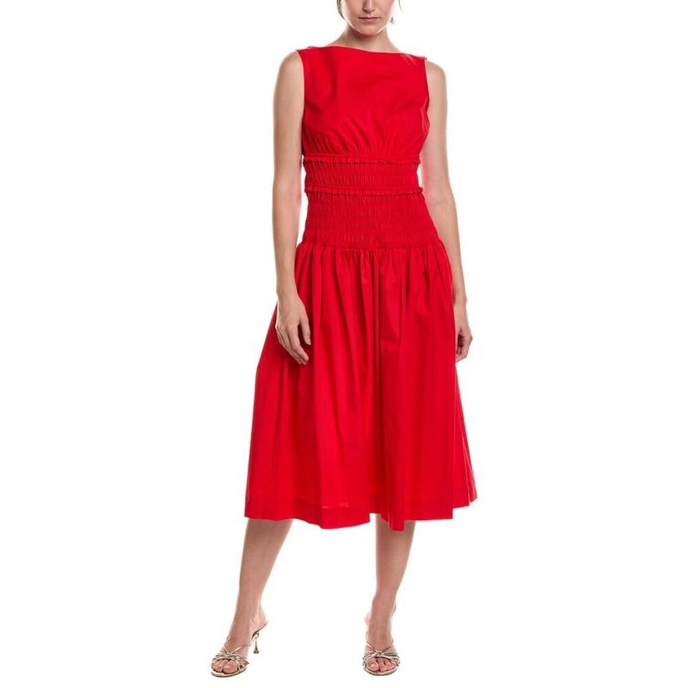Anne Klein Womens Petite Smocked Boat Neck Midi Dress, Red